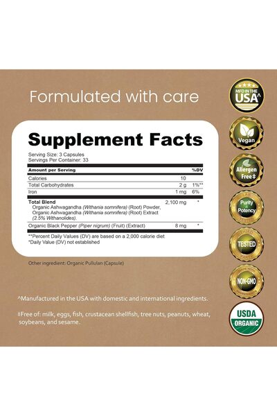 NaturaLife Labs Organic Ashwagandha 2,100 mg - 100 Vegan Capsules (Black Pepper Extract)
