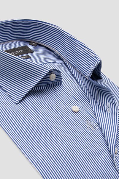 Abbate Ανδρικό ριγέ πουκάμισο Marco Poplin Cotton εφαρμοστό Navy Blue Classic Collar