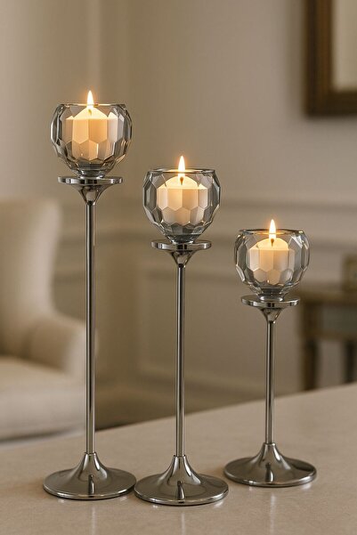 Arma House Gümüş Renkli 3'lü Kristal Cam Mumluk Seti & Gümüş Dekoratif Şamdan Takımı