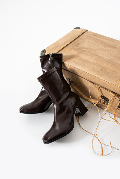 es exello Lana Küt Burun Kalın Topuklu Kahverengi Streç Bot