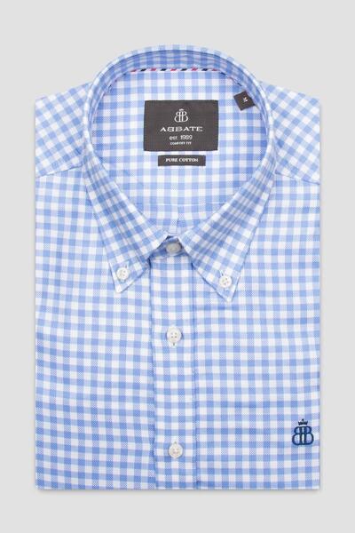 Abbate Luca Twill Cotton Comfort Fit Light Blue Button down Collar Men's Checkered Shirt