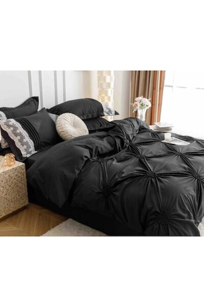 OEM Double bed linen set, 6 pieces, embroidered hearts, black, 230x250 cm
