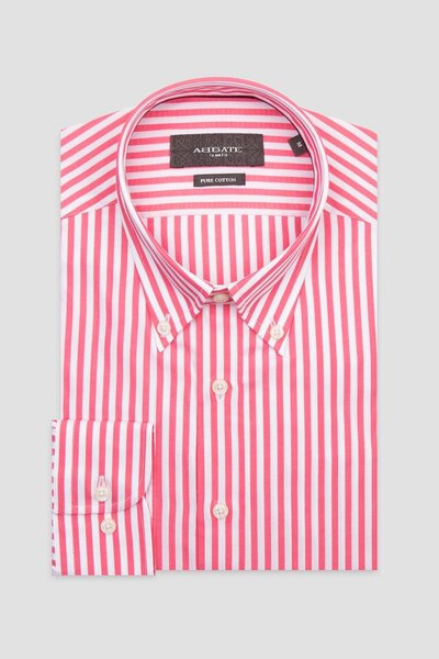 Abbate Carlo Twill Бавовняна Slim Fit Рожева Комір з ґудзиками Чоловіча сорочка в смужку