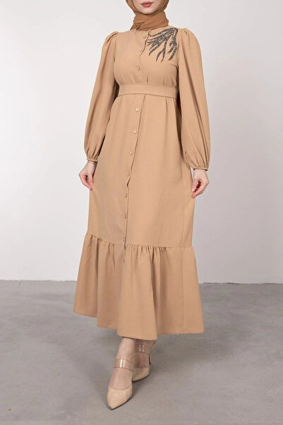 Tesettür Diyarı فستان حجاب بأكمام بالون مطرزة بالترتر - لون المنك