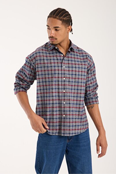 Abbate Bb Club Rio Twill Cotton Oversized Fit Gray Classic Collar Men's Plaid Shirt