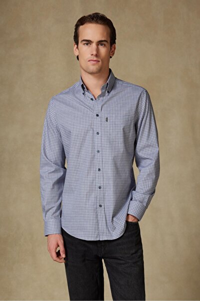 Abbate Aldomar Поплін Бавовняний Comfort Fit Синій Комір на ґудзиках Чоловіча картата сорочка