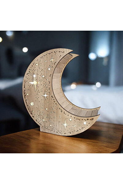 GHY AHŞAP Ahşap Yıldız Temalı Hilal Gece Lambası Masa Lambası