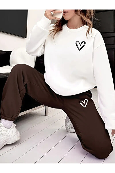 LOUİSA Γυναικείο Σετ Φούτερ-Καφέ Φούτερ με λαιμόκοψη με μίνιμαλ σχέδιο καρδιάς με τύπωμα