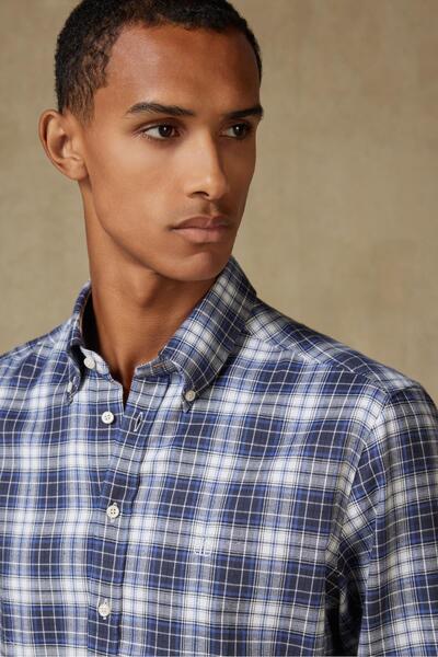 Abbate Luca Фланель з бавовняною сумішшю Comfort Fit Синій сорочка з ґудзиками на комірі Чоловіча сорочка в клітинку