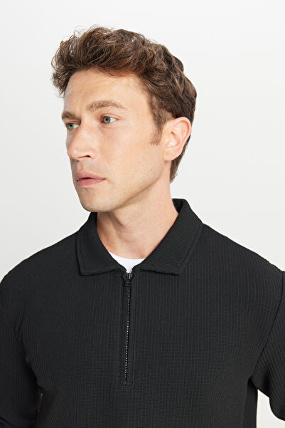 ALTINYILDIZ CLASSICS Standart Fit Normal Kesim Polo Yaka Jakarlı Esnek Uzun Kollu Siyah Uzun Kollu Tişört