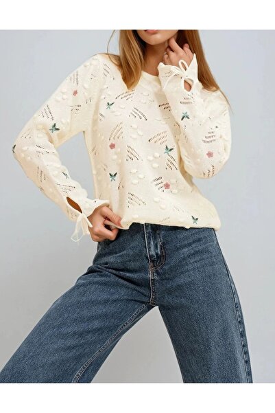 Vaniza Pulover tricotat cu model floral cu detaliu pe mâneci