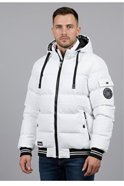 embody Jachetă de iarnă albă pentru bărbați cu glugă și detalii contrastante ...