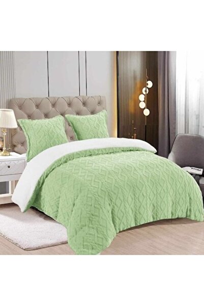 OEM Cocolino knitted Sherpa duvet set with fur and 2 pillowcases, soft, warm, green, 200x230 cm