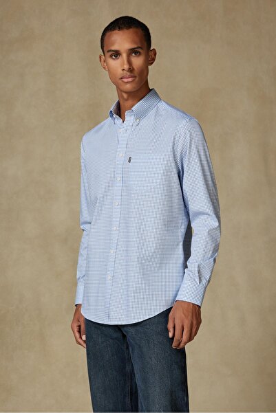 Abbate Cămașă pentru bărbați cu carouri, cu guler cu nasturi, din bumbac poplin Aldomar, albastru deschis