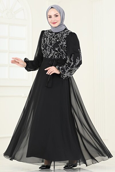 ModaMerve Taş Detaylı Abiye 7005AB368-MS Siyah