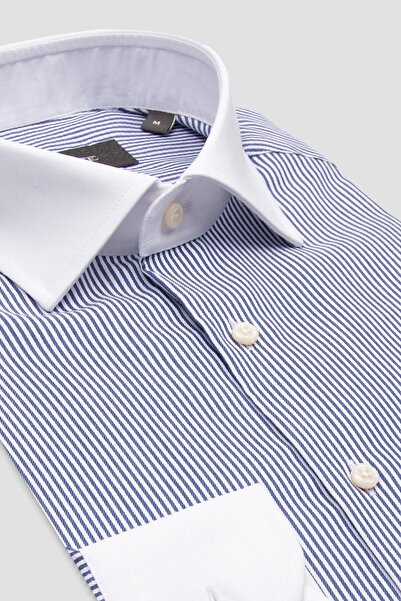 Abbate Grant Non Iron Twill Бавовняна Slim Fit Синя Класична комір Чоловіча смугаста сорочка