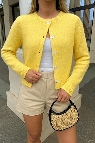 Puella Hrk0007 Women's Yellow-Tweety Crew Neck Soft Textured Buttoned Knit Cardigan