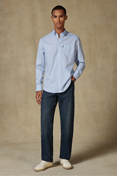 Abbate Aldomar Поплин памук Комфортна кройка Светлосиня Риза с копчета и яка Мъжка карирана риза