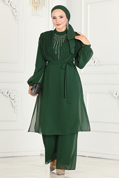 ModaMerve Göğsü Taş Detaylı Şifon Kombin 5888AB368-MS Zümrüt