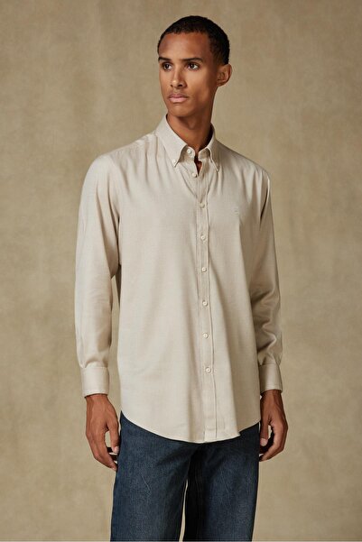 Abbate Luca Flannel Cotton Blend Comfort Fit Beige Button down Collar Men's Plain Shirt