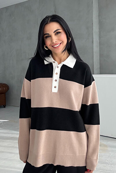 Seda Yalçın Atelier Mink Striped Polo Neck Sweater