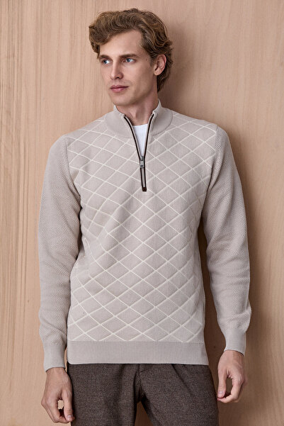 SMILE Borger Light Beige Cotton Short Zippered Knitwear