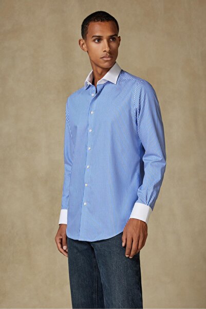 Abbate Grant Non Iron Twill Бавовняна Slim Fit Темно-синя Класична комір Чоловіча сорочка в смужку