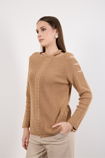 Moda Days Women's Beige Cut-Out Shoulder Detail Raglan Sleeve Glitter Knit Sweater