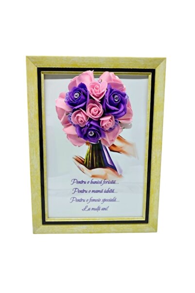 T&M Personalizare Tablou înrămat A4 (30x21 cm) - Pentru bunică sau mamă - Flori de săpun mov-roz