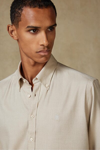 Abbate Ανδρικό πουκάμισο Luca Flannel Cotton Blend Comfort Fit με μπεζ γιακά με κουμπιά