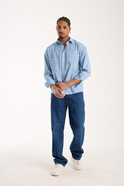 Abbate BB Club Rio Поплин памук Овърсайз кройка Светлосиня Класическа яка Мъжка риза с принт