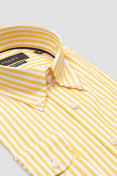 Abbate Carlo Twill Бавовняна сорочка Slim Fit з жовтими ґудзиками на комірі та смужками для чоловіків