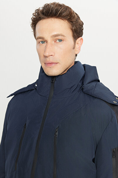 ALTINYILDIZ CLASSICS Standard Fit Regular Cut Hooded Mock Neck Casual Black Coat with Side Pockets