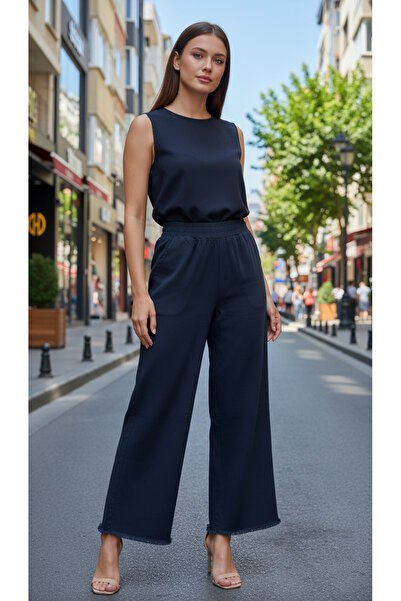 Ozan KOÇ Kadın Beli Lastikli %100 Pamuk Paçası Püsküllü Gabardin Pantolon