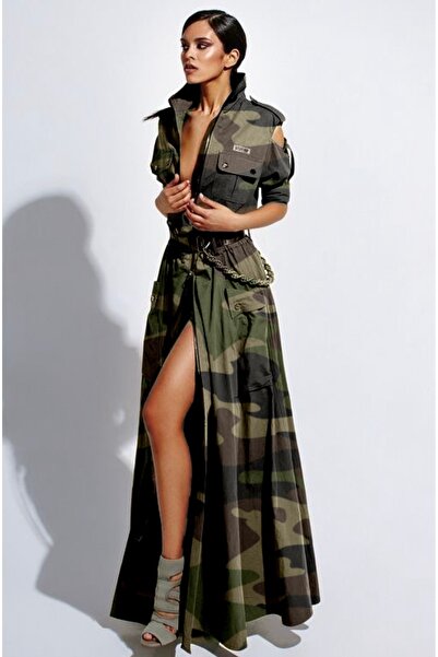 UNTIMELY -Kamuflaj Desenli Maxi Boy Poplin Şık Tasarım Elbise