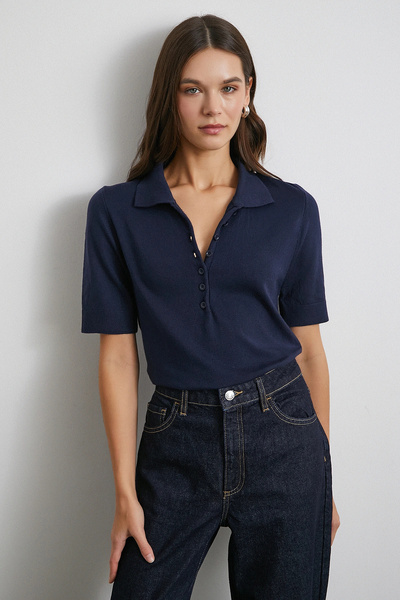 Never more Polo Yaka Düğmeli Kısa Kol Triko Lacivert