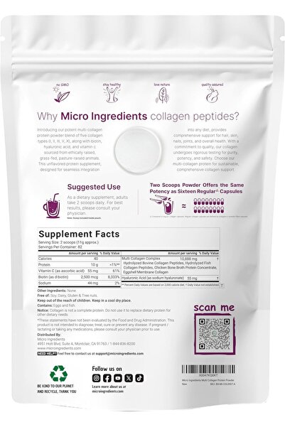 Micro ingredients Multi Collagen Peptides Powder, 2 lb - Types I, II, III, V, X + Biotin, Vitamin C