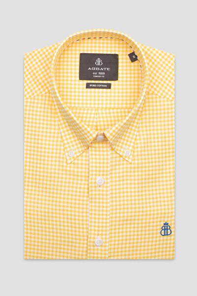 Abbate Luca Oxford Бавовняна сорочка Comfort Fit з жовтими ґудзиками на комірі для чоловіків у клітинку