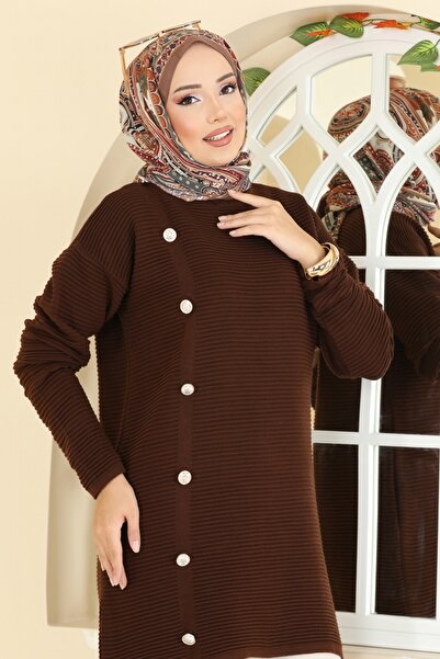 ModaMerve Aksesuar Düğmeli Triko Tunik 2735AYD574-MS Kahve