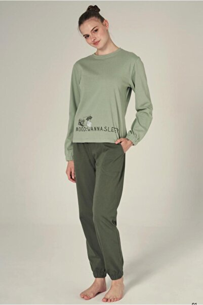 MORRO Khaki Green Mood Written Sports Long Sleeve Elastic Pajama Set