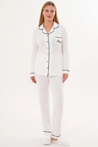 LOHOUSE Women's Ecru Piped Front Buttoned Cotton Maternity Pajama Set