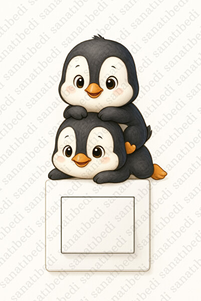 sanatıbedi Sevimli Penguen Kardeşler Priz Sticker - Çocuk Bebek Odası Duvar L...