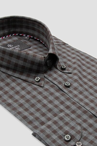 Abbate Ανδρικό πουκάμισο με καρό σχέδιο Luca Poplin Cotton Comfort Fit με καφέ γιακά με κουμπιά