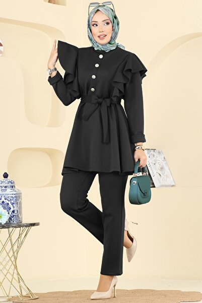 ModaMerve Fırfır Detaylı İkili Scuba Takım 6099TEG847-MS Siyah