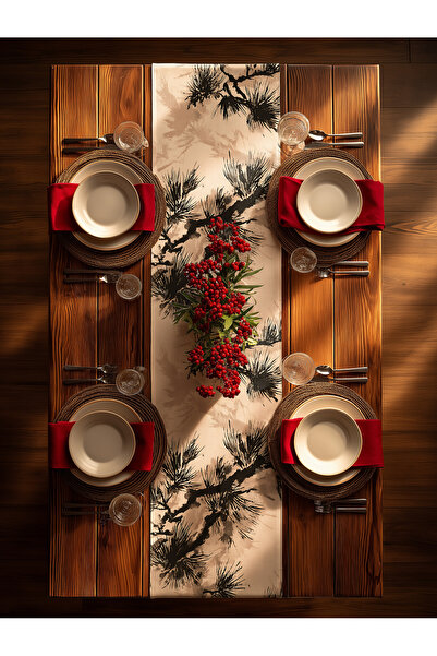 Medi Home Yılbaşı Ink Serenity Fırça Desenli Çam Dalı Runner – Siyah & Krem