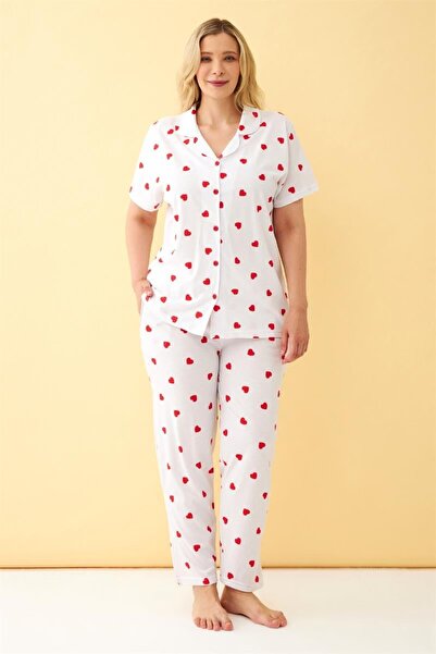 Celira Women's White Red Heart Patterned Front Button Plus Size Pajama Set