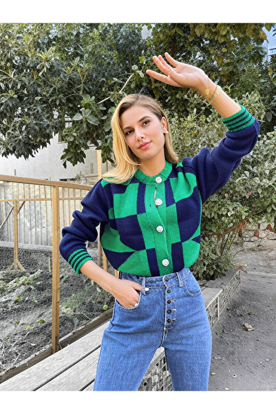 Puella Hrk0004 Women's Navy Blue-Green Geometric Pattern Daisy Button Knit Cardigan