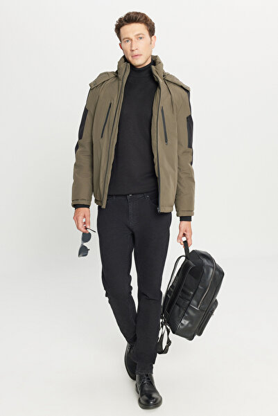 ALTINYILDIZ CLASSICS Standard Fit Regular Cut Hooded Mock Neck Casual Black Coat with Side Pockets