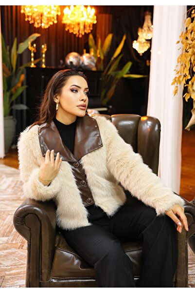 Vegove Kuşgözü Detaylı Geniş Yaka Deri&Kürk