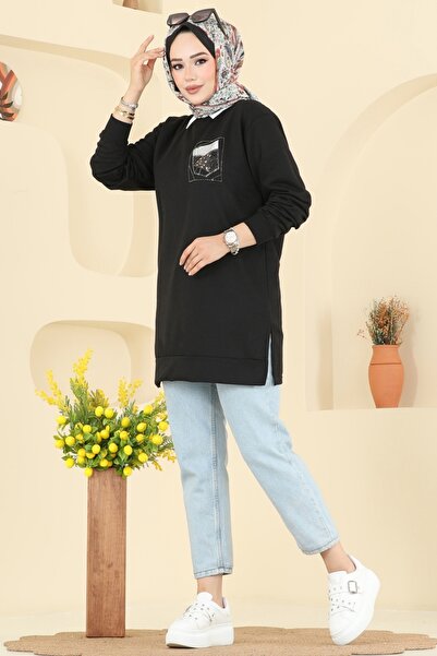ModaMerve Aksesuar Cep İşlemeli Tunik 104OZN1046-MS Siyah